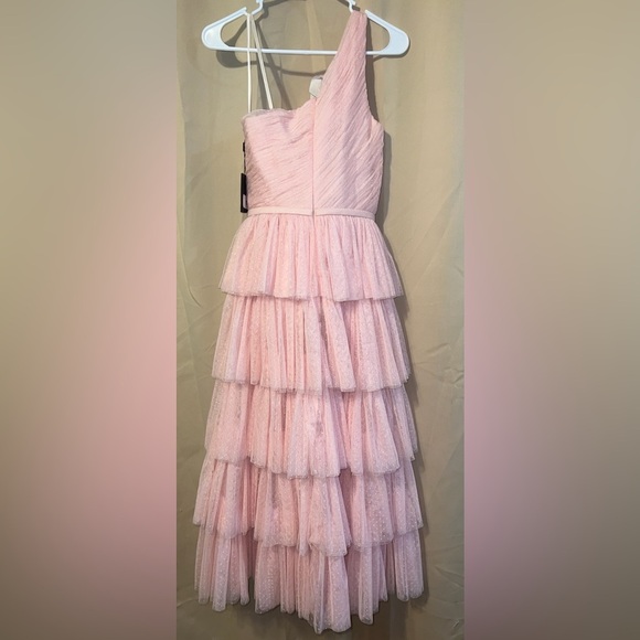 Mac Duggal Size 2 49672 NWT Pink Polka Dot One Shoulder Ruffle Midi Sample Dress - Picture 4 of 6